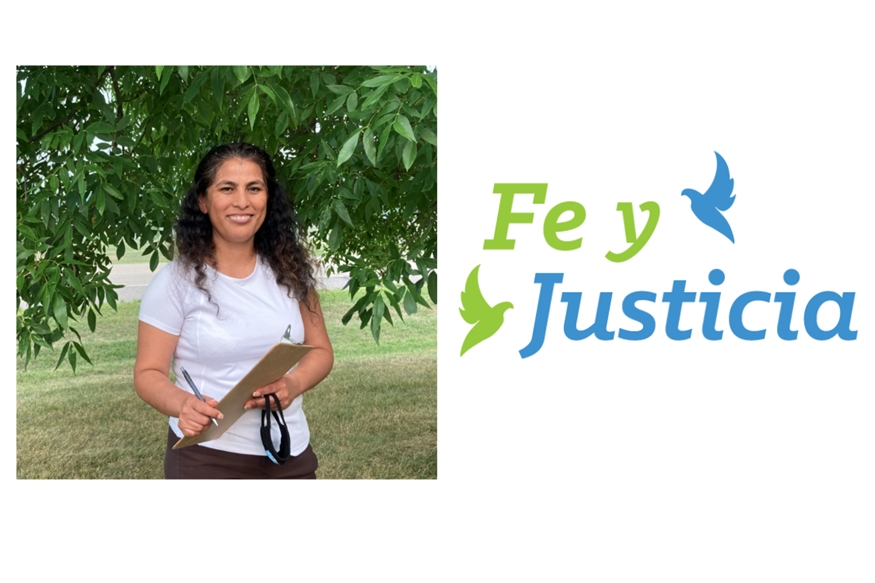 [ai] A woman smiling and holding a clipboard stands in front of a large green tree. Next to her is the logo of 'Fe y Justicia,' featuring the words in blue and green with a bird icon.